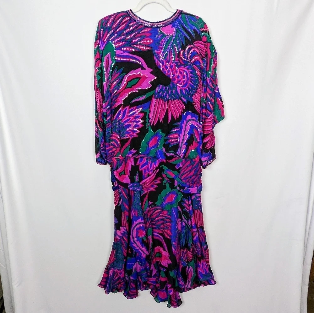 Silk VINTAGE  80S LILLIE RUBIN sz.M Colorful Ruffled Beaded Sequin Maxi Dress